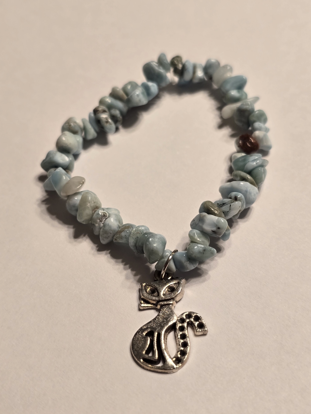 Handmade Chip Larimar Stretch Bracelet With Cat Charm